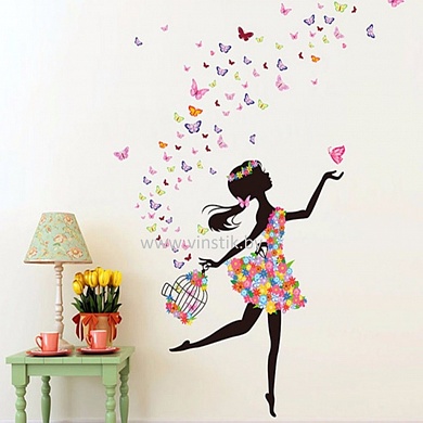 Наклейка "Девушка с клеткой и бабочками XL". Наклейки на стену для девочек в детскую комнату