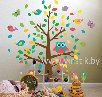 Наклейка "Деревце разноцветное с птичками XL"